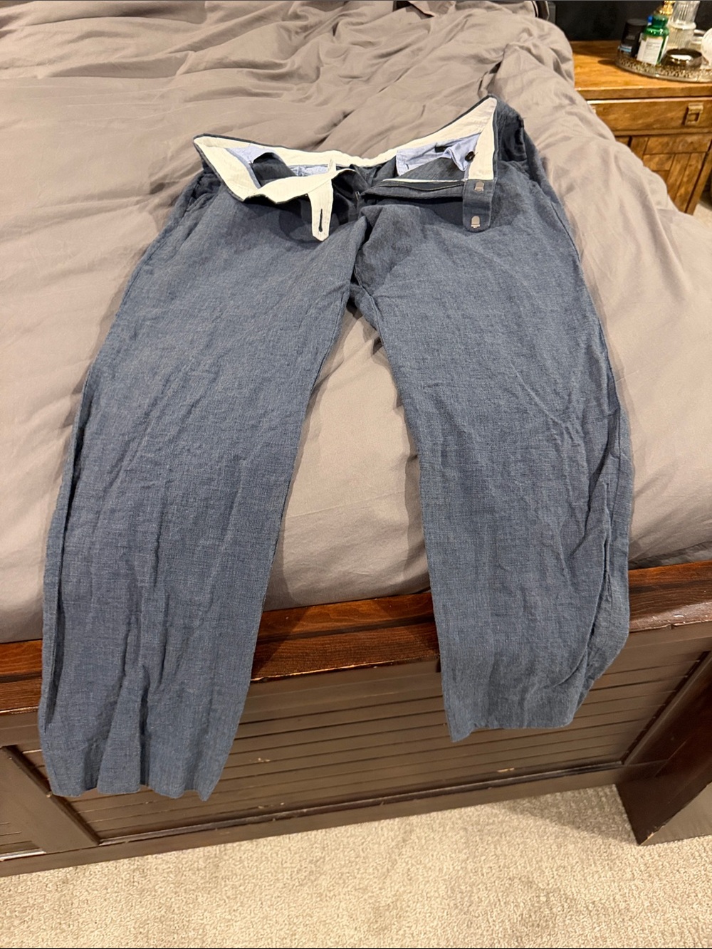 J Crew Bowery Slim Cropped Linen/ Cotton Pants- Blue Chambray